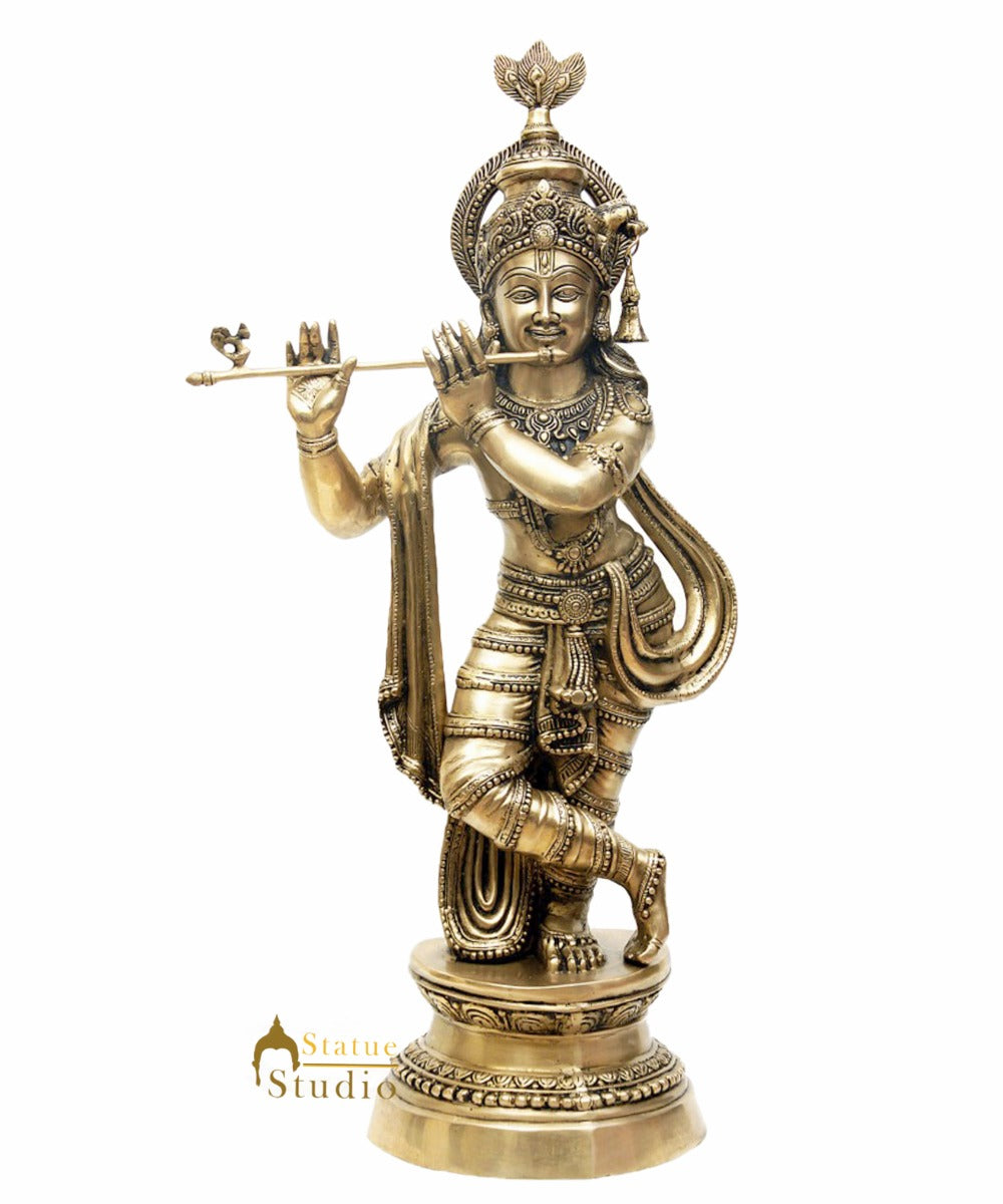 Brass Indian Hindu God Pure Divine Lord Tribhangi Krishna Fluting Statue 3 Feet
