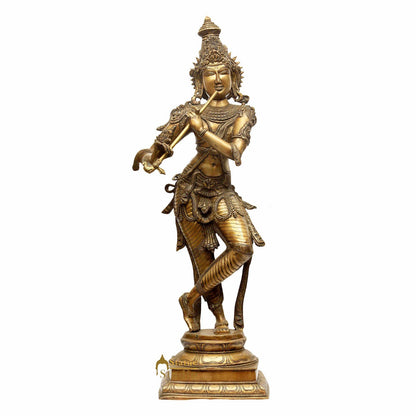 Brass Indian Hindu God Pure Divine Tribhangi Krishna Fluting Masterpiece 3 Feet by vendor-unknown - Hindu Gods