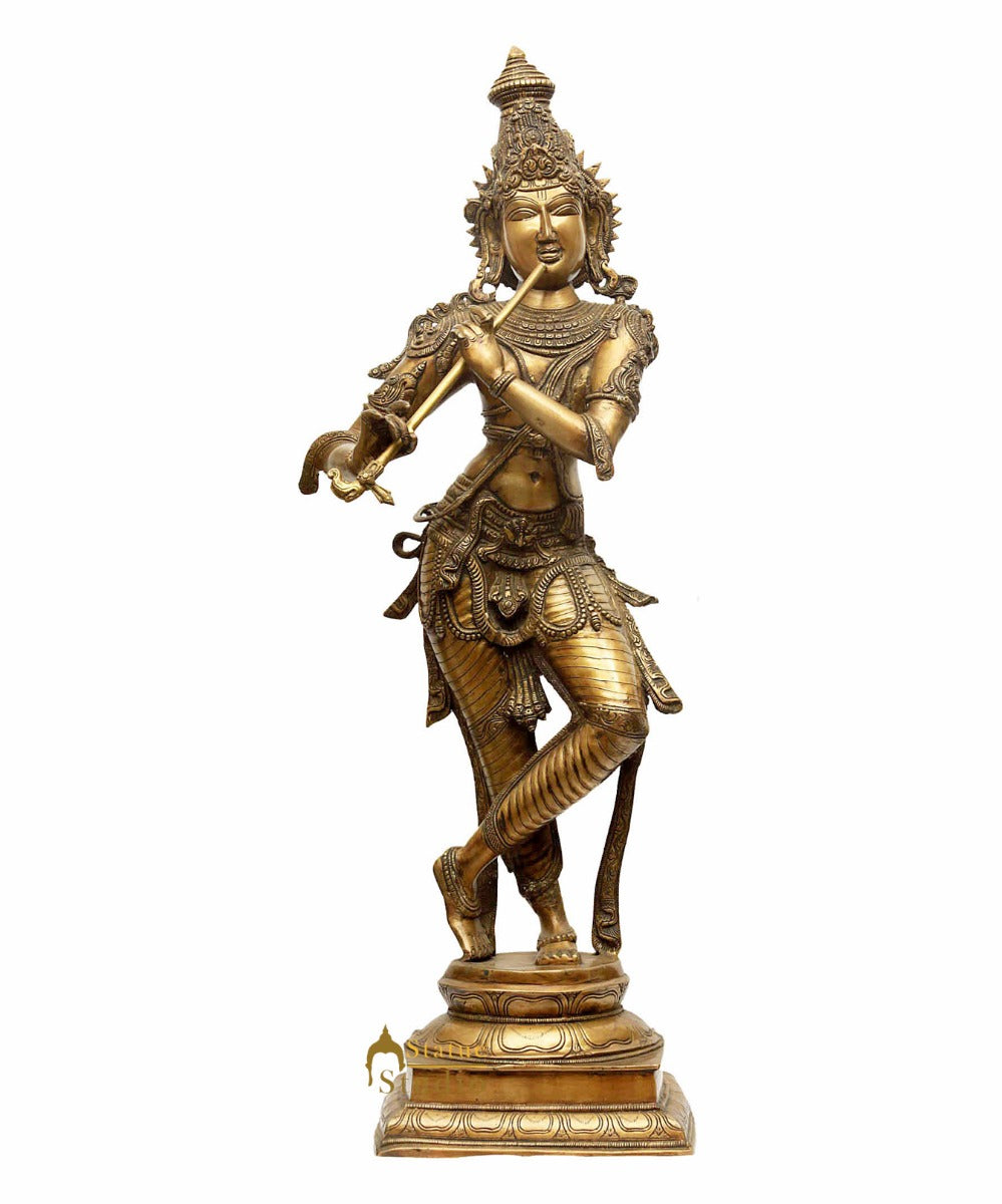 Brass Indian Hindu God Pure Divine Tribhangi Krishna Fluting Masterpiece 3 Feet - Image 2