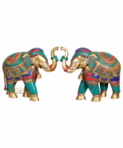 Large Size Indian Elephants With Nepali Turquoise Coral Inlay Art Vastu Décor 22" by vendor-unknown - Decor