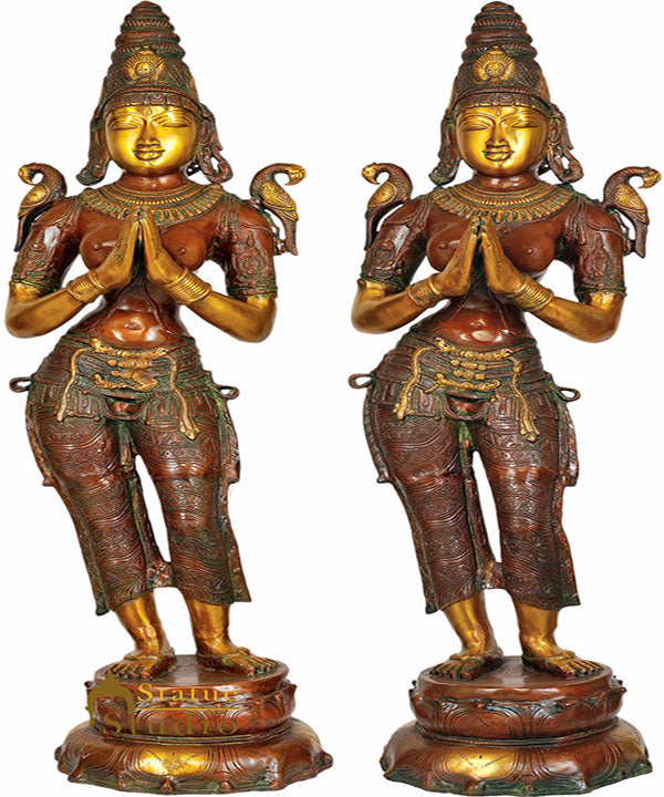 Large Size Indian Celestial Welcome Lady Pair Flanking Temple Door Décor 45" - Eco-friendly - Sama Homes