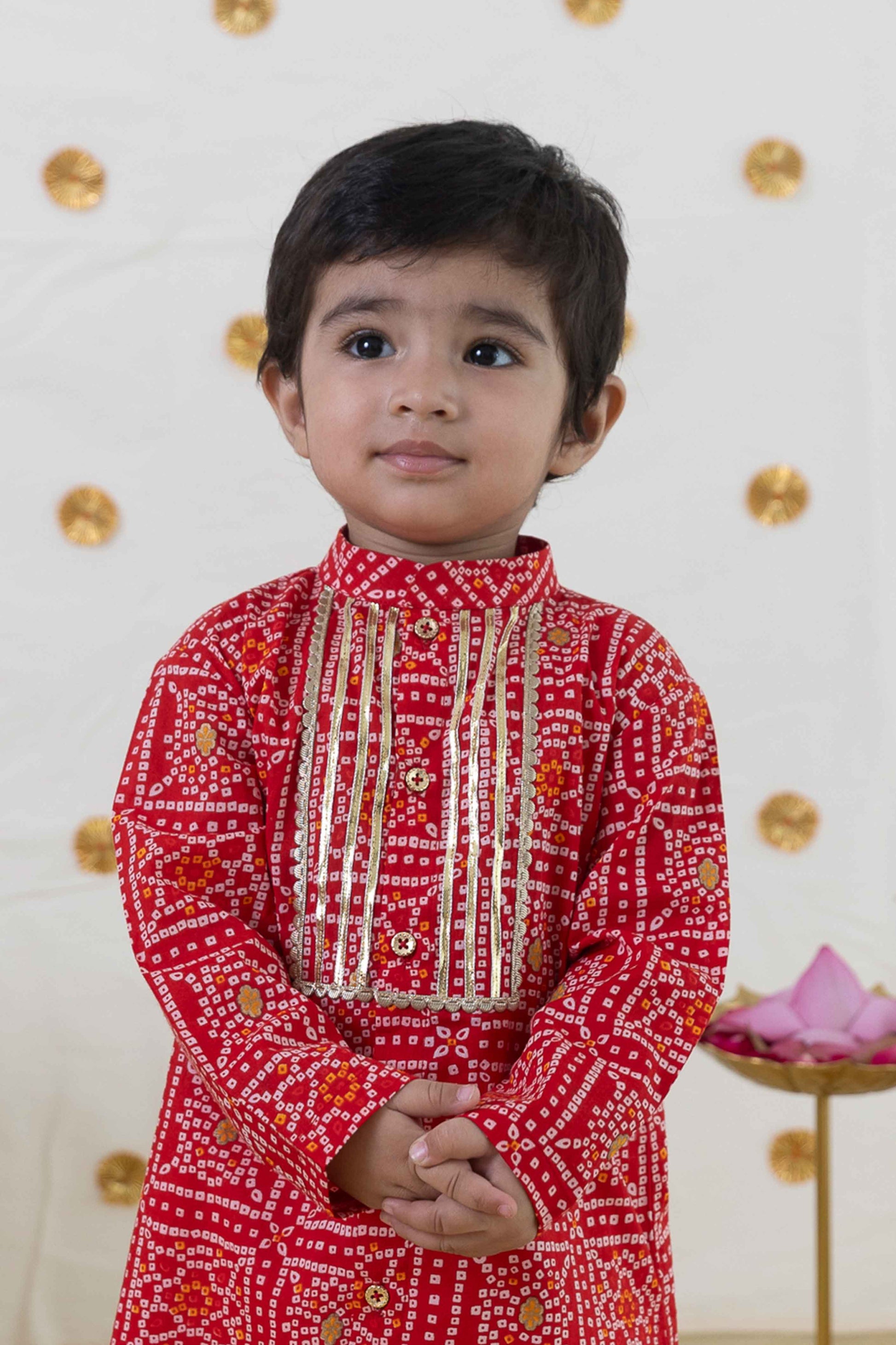 Baby Boy Bandhani Print Cotton Kurta Set - Red - Image 2
