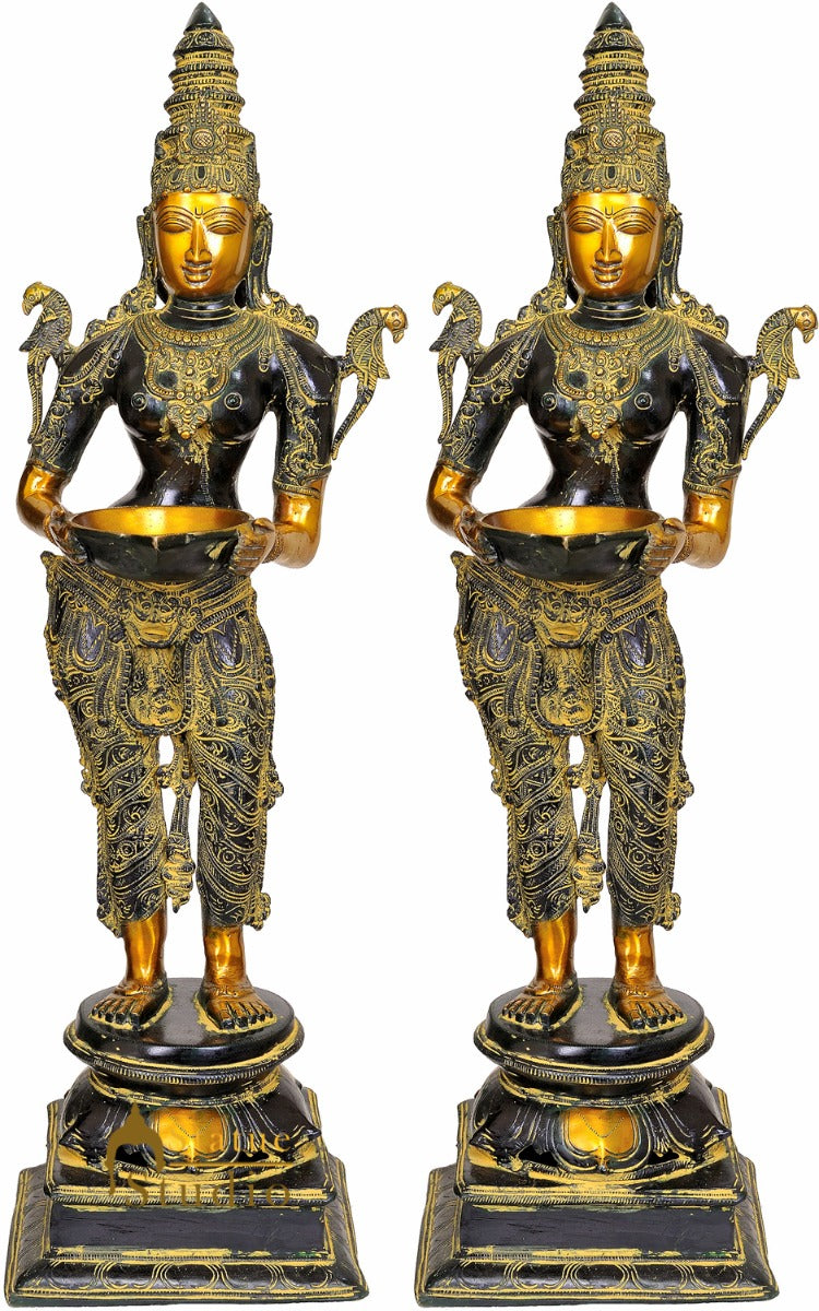 Indian Antique Metal Celestial Khajuraho Apsara DeepLaxmi Pair Diwali Statue 31" - Image 2