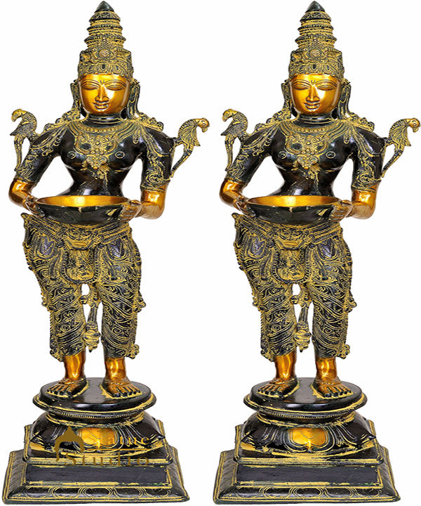 Indian Antique Metal Celestial Khajuraho Apsara DeepLaxmi Pair Diwali Statue 31" - Eco-friendly - Sama Homes