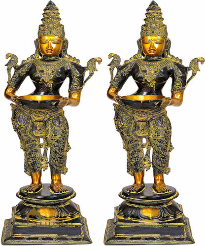 Indian Antique Metal Celestial Khajuraho Apsara DeepLaxmi Pair Diwali Statue 31" by vendor-unknown - Decor