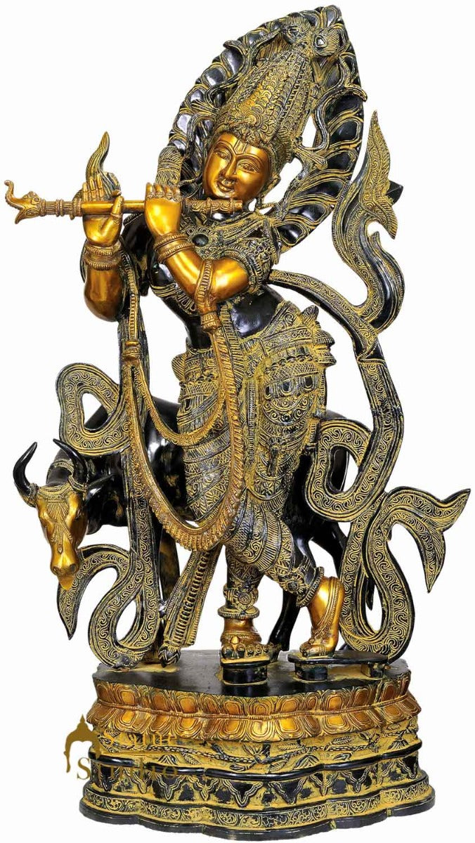Large Size Brass Hindu Lord Shri Kishen Ji With Holy Cow 3 Feet Religious Décor - Image 2