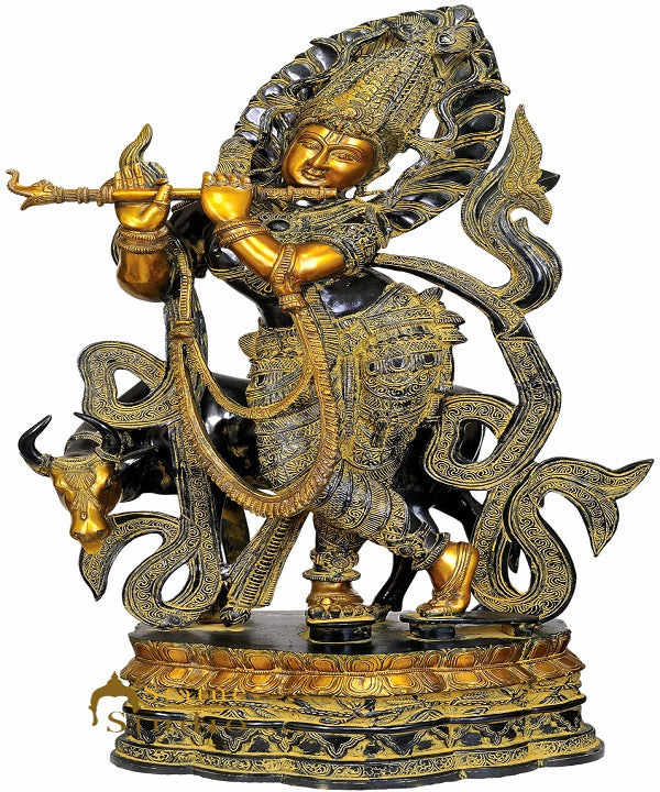 Large Size Brass Hindu Lord Shri Kishen Ji With Holy Cow 3 Feet Religious Décor - Eco-friendly - Sama Homes