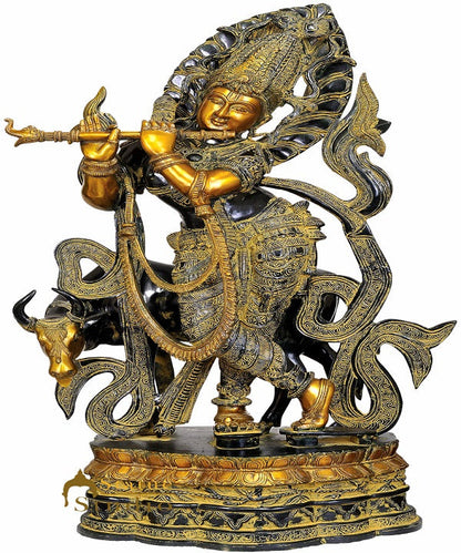 Large Size Brass Hindu Lord Shri Kishen Ji With Holy Cow 3 Feet Religious Décor by vendor-unknown - Hindu Gods