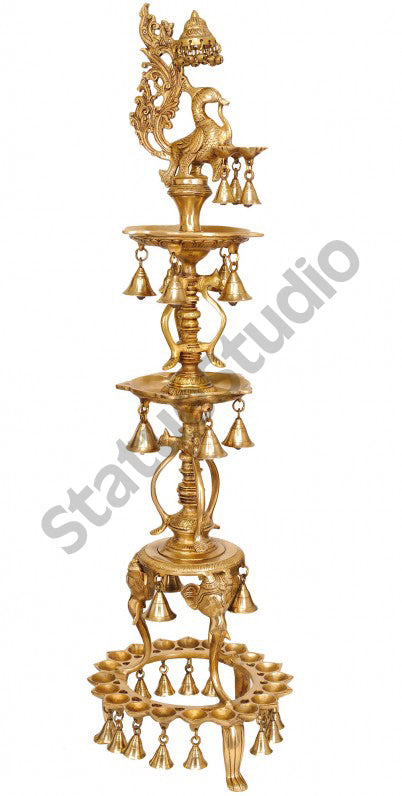 Large Size South Indian Peacock Lamp with hanging Bells and Ghungaroos 3.5 Feet - Image 3
