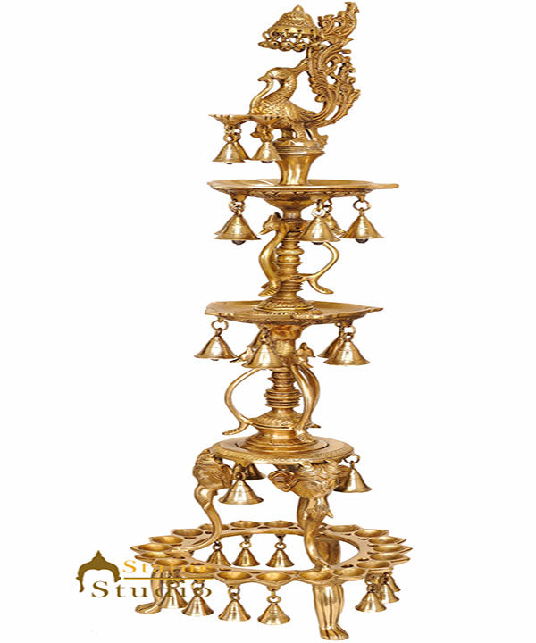 Large Size South Indian Peacock Lamp with hanging Bells and Ghungaroos 3.5 Feet