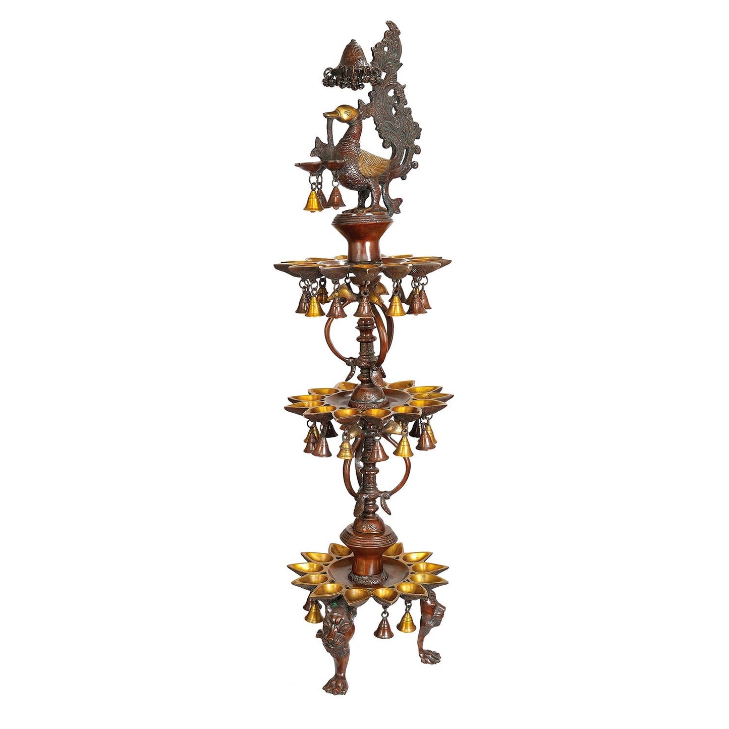 Large Size South Indian Peacock Lamp with hanging Bells and Ghungaroos 4 Feet