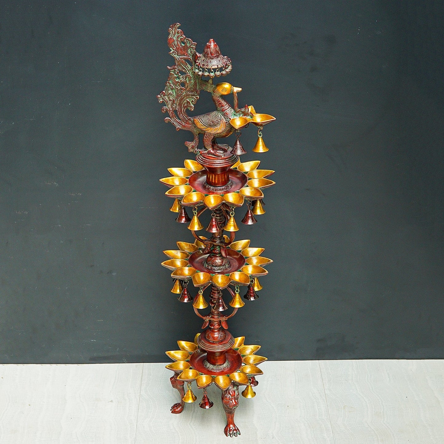 Large Size South Indian Peacock Lamp with hanging Bells and Ghungaroos 4 Feet