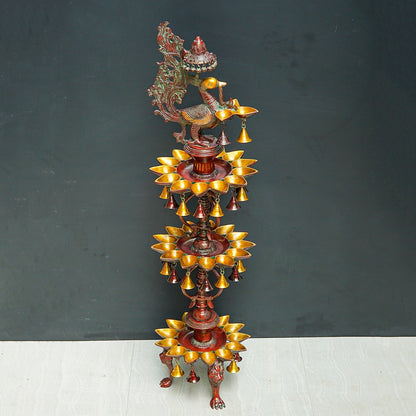 Large Size South Indian Peacock Lamp with hanging Bells and Ghungaroos 4 Feet by vendor-unknown - Spiritual (View 3)