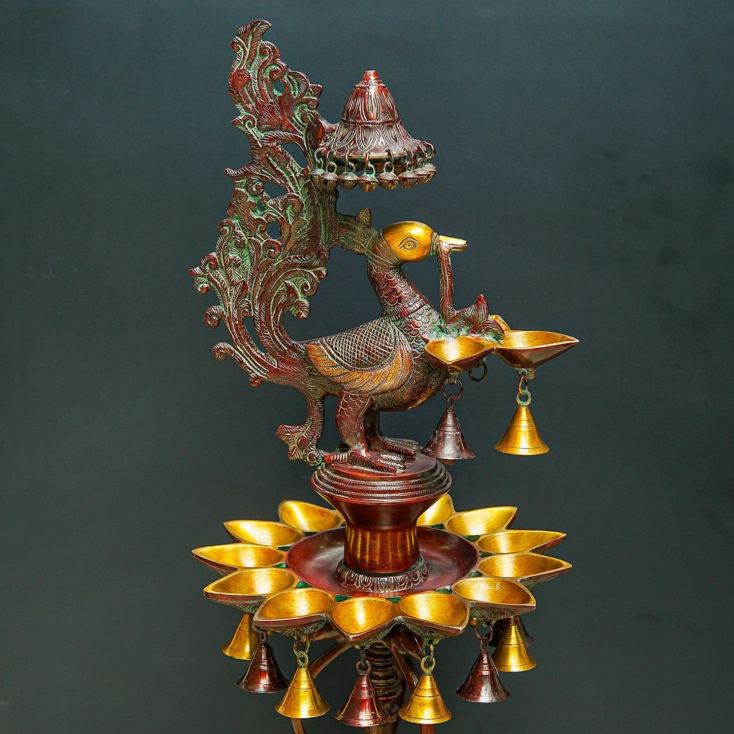 Large Size South Indian Peacock Lamp with hanging Bells and Ghungaroos 4 Feet