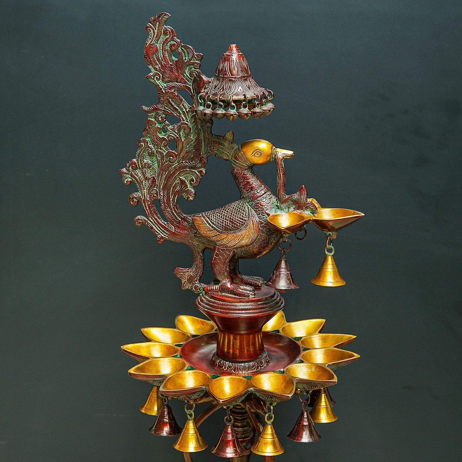 Large Size South Indian Peacock Lamp with hanging Bells and Ghungaroos 4 Feet - Image 4
