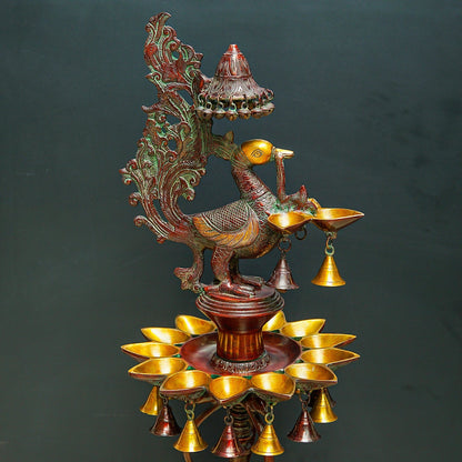 Large Size South Indian Peacock Lamp with hanging Bells and Ghungaroos 4 Feet by vendor-unknown - Spiritual (View 4)