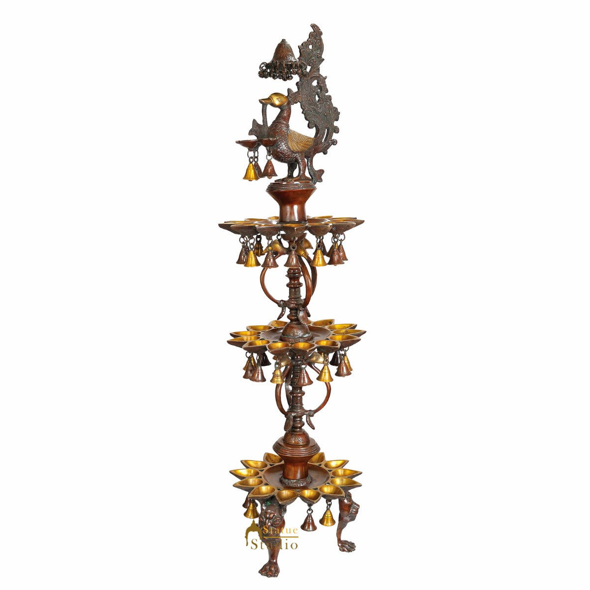 Large Size South Indian Peacock Lamp with hanging Bells and Ghungaroos 4 Feet