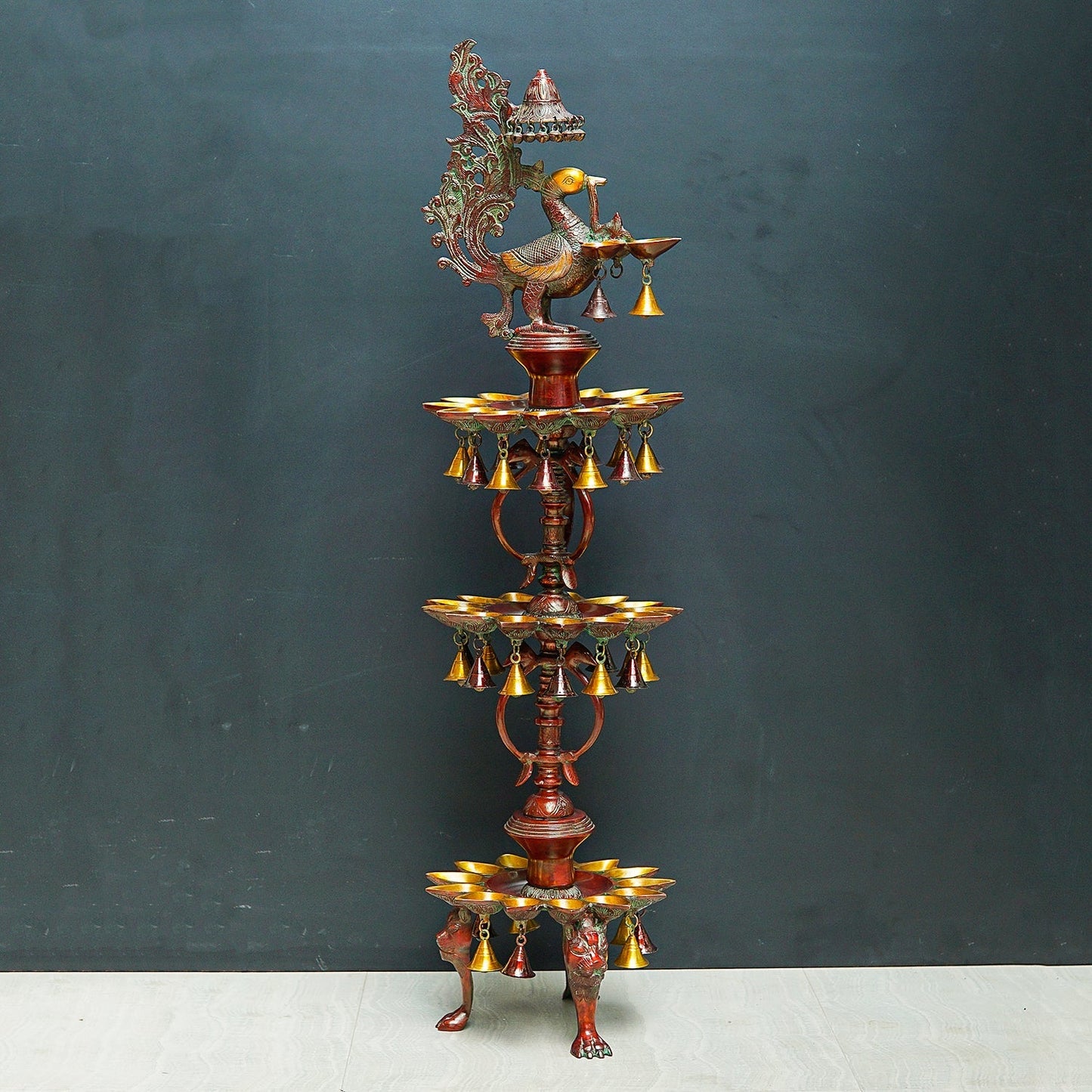 Large Size South Indian Peacock Lamp with hanging Bells and Ghungaroos 4 Feet