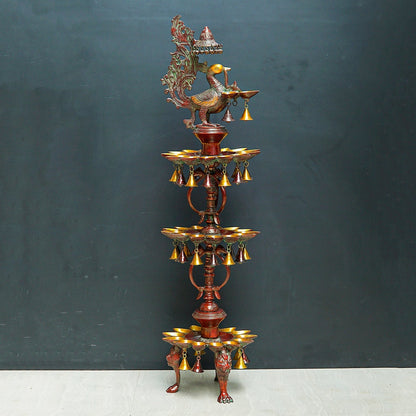 Large Size South Indian Peacock Lamp with hanging Bells and Ghungaroos 4 Feet by vendor-unknown - Spiritual (View 2)