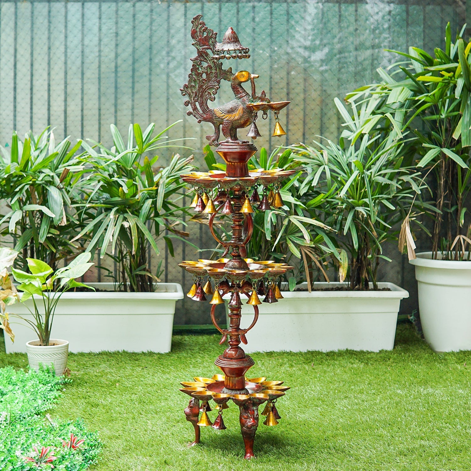 Large Size South Indian Peacock Lamp with hanging Bells and Ghungaroos 4 Feet - Eco-friendly - Sama Homes