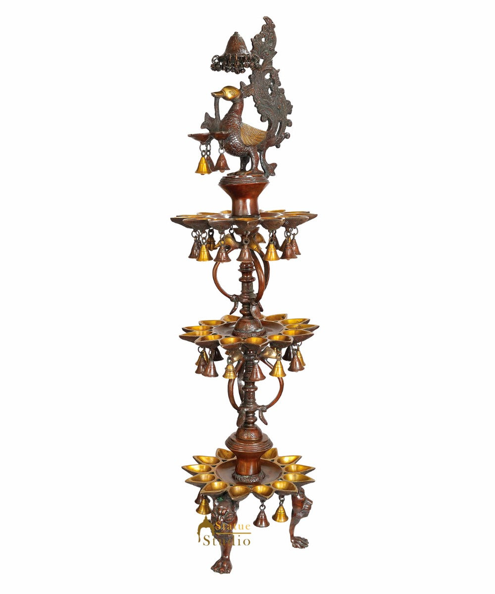 Large Size South Indian Peacock Lamp with hanging Bells and Ghungaroos 4 Feet - Image 6