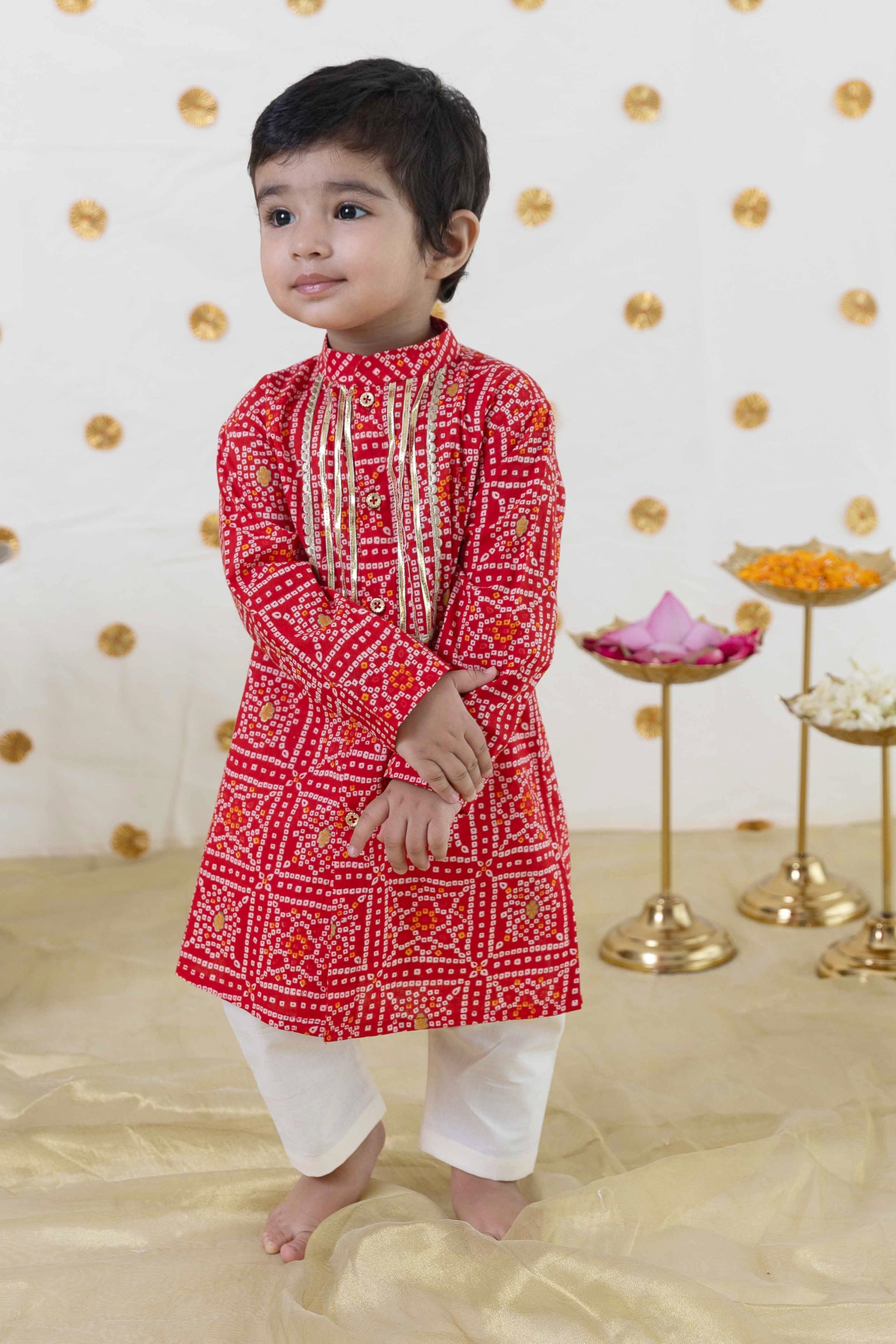 Baby Boy Bandhani Print Cotton Kurta Set - Red - Image 4