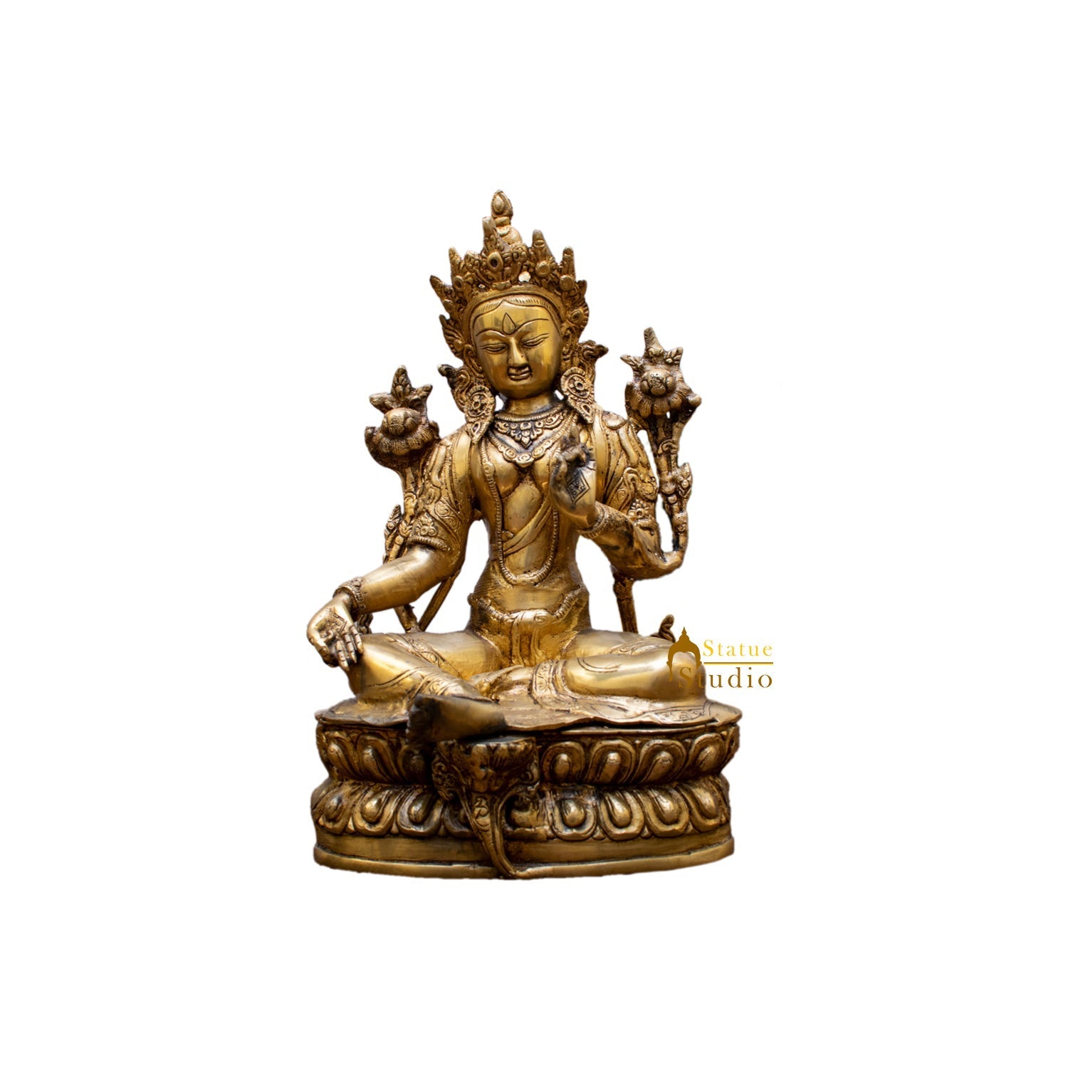 Brass Buddhist Deity Green Tara Statue Showpiece For Home Decor 14" - Image 5
