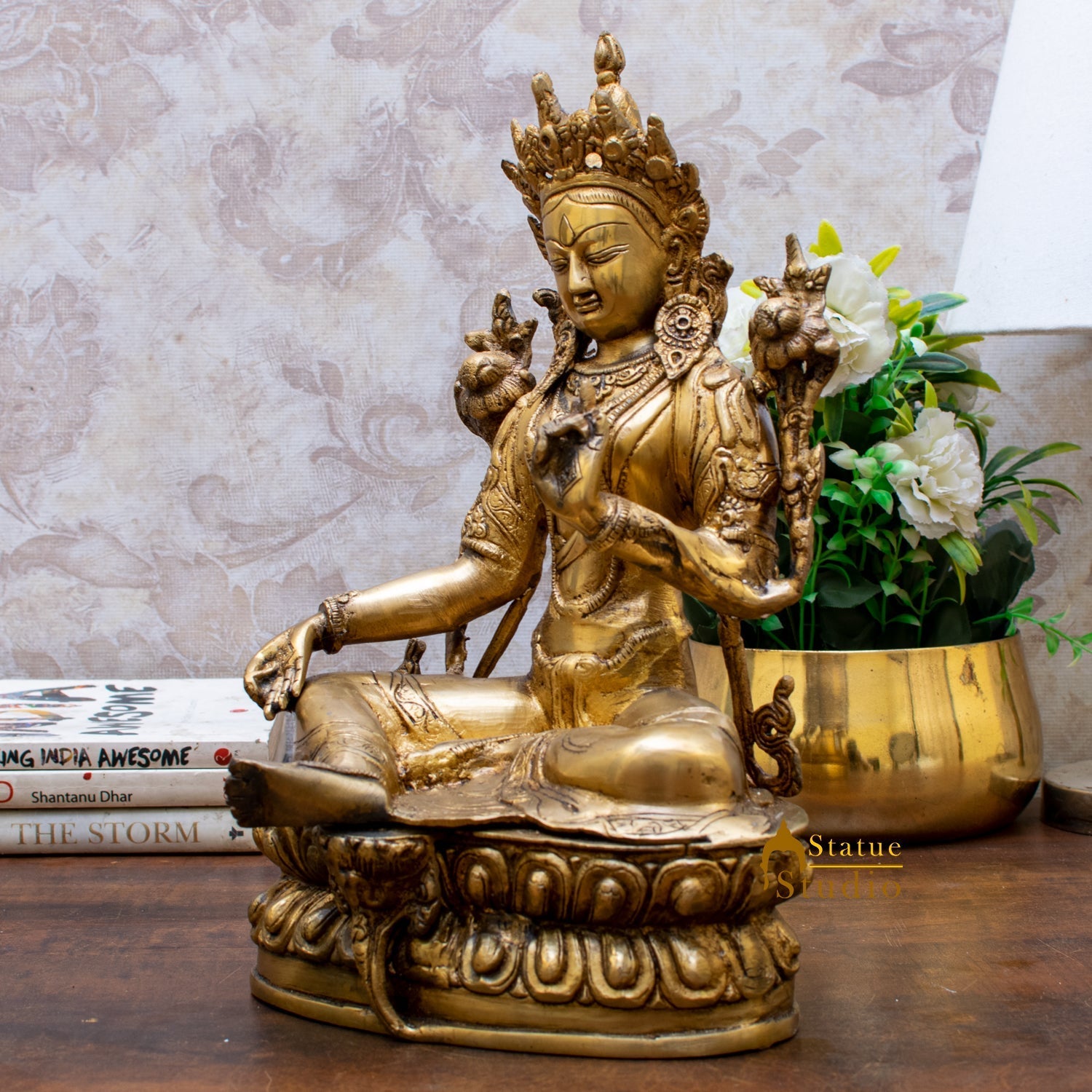 Brass Buddhist Deity Green Tara Statue Showpiece For Home Decor 14" - Image 2