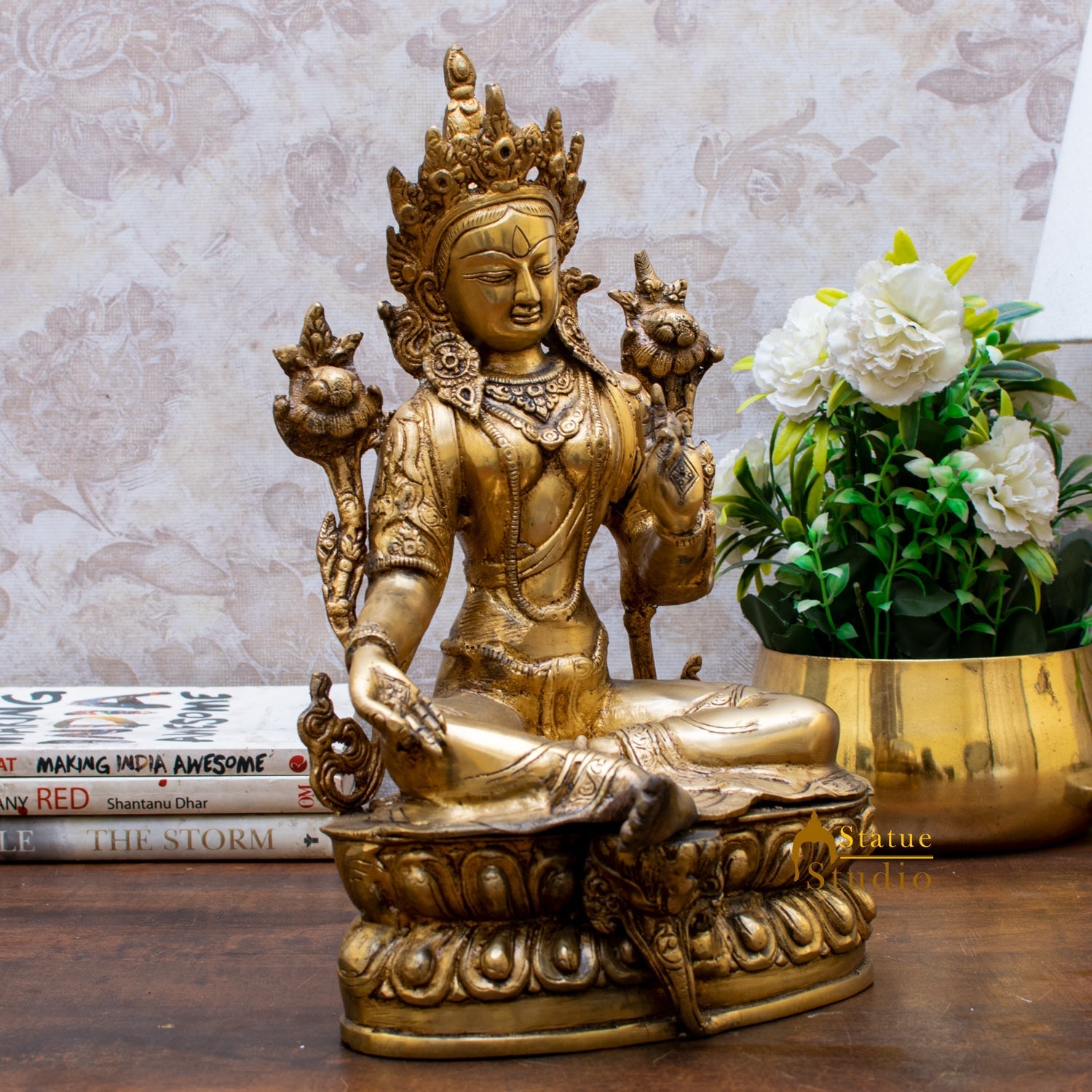 Brass Buddhist Deity Green Tara Statue Showpiece For Home Decor 14" - Image 3