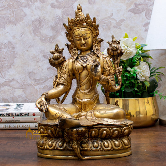 Brass Buddhist Deity Green Tara Statue Showpiece For Home Decor 14"