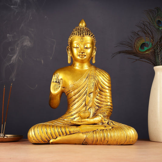 14-inch Pure Brass Buddha Statue in Abhaya Mudra Blessing Pose | 100% Certified Copper & Brass - Sama Homes Idol - Brass Sculpture