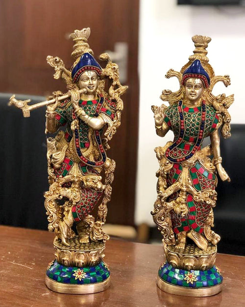 14-Inch Pure Brass Radha Krishna Statues | Finely Carved & Handcrafted | 100% Certified Copper & Brass