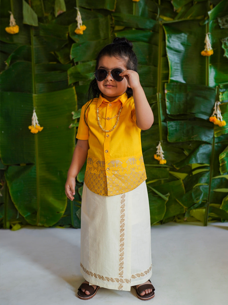 3 Pc Mundu Dhoti Shirt Set-Yellow