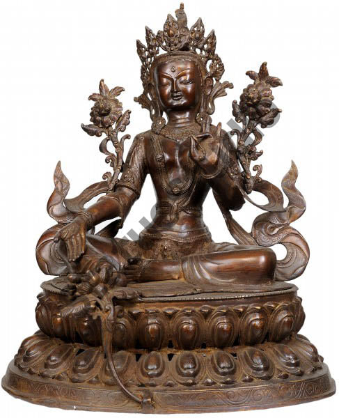 Antique Indian handicraft Green Tara Buddhist Deity Big Statue 2 Feet - Image 2