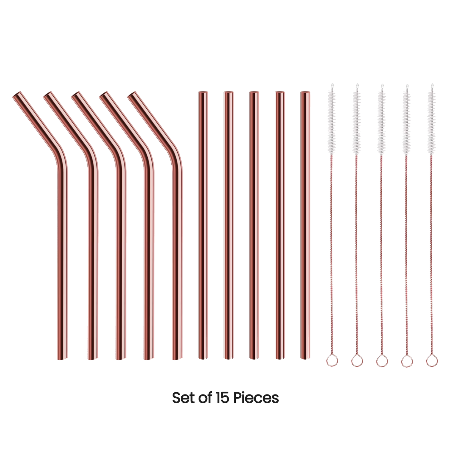 Set of 15 rose gold metal straws with cleaning brushes on a white background