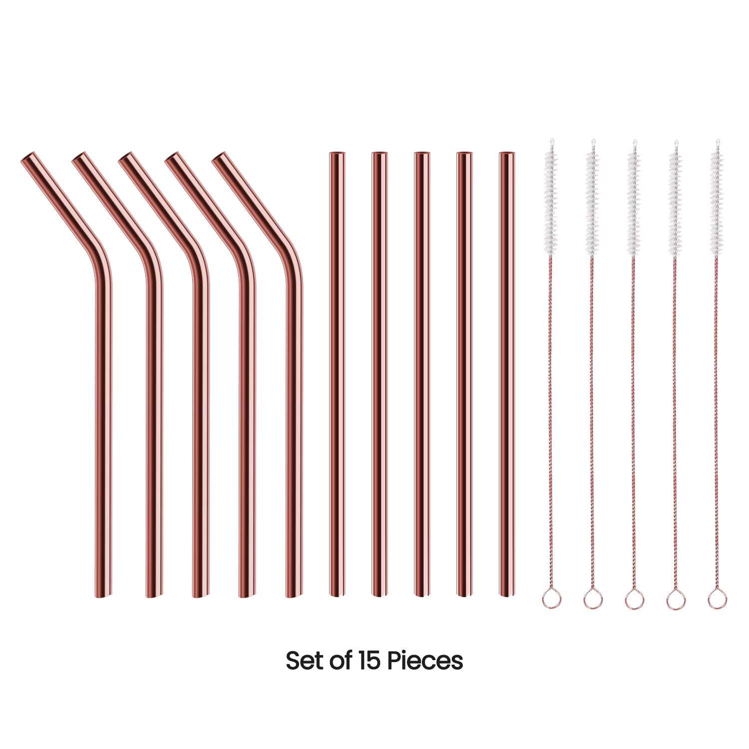 Set of 15 rose gold metal straws with cleaning brushes on a white background - Image 7