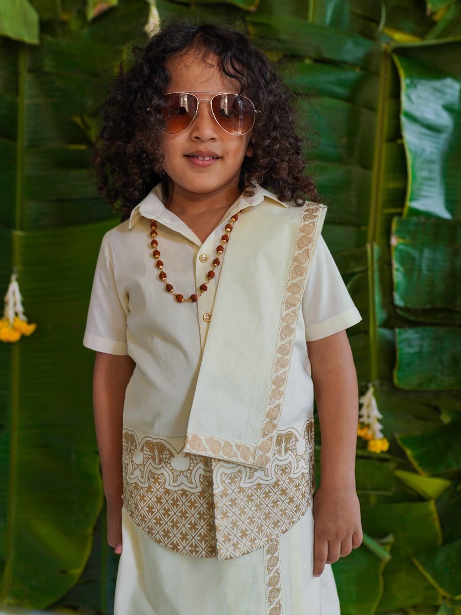 3 Pc Mundu Dhoti Shirt Set-Cream - Image 2