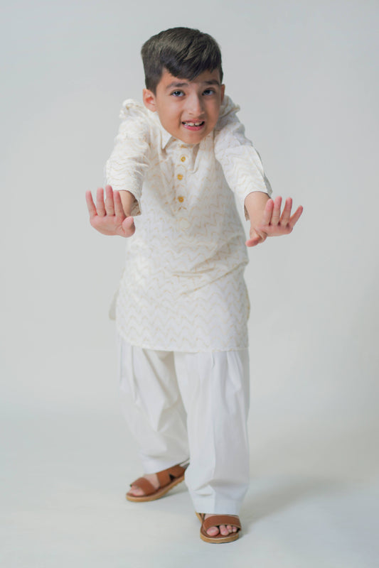 Boy Zigzag Pathani Set-White