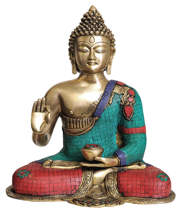 Buddhist Deity Preaching Blessing Lord Buddha Fine Inlay Work Statue 1.5 Feet - Eco-friendly - Sama Homes