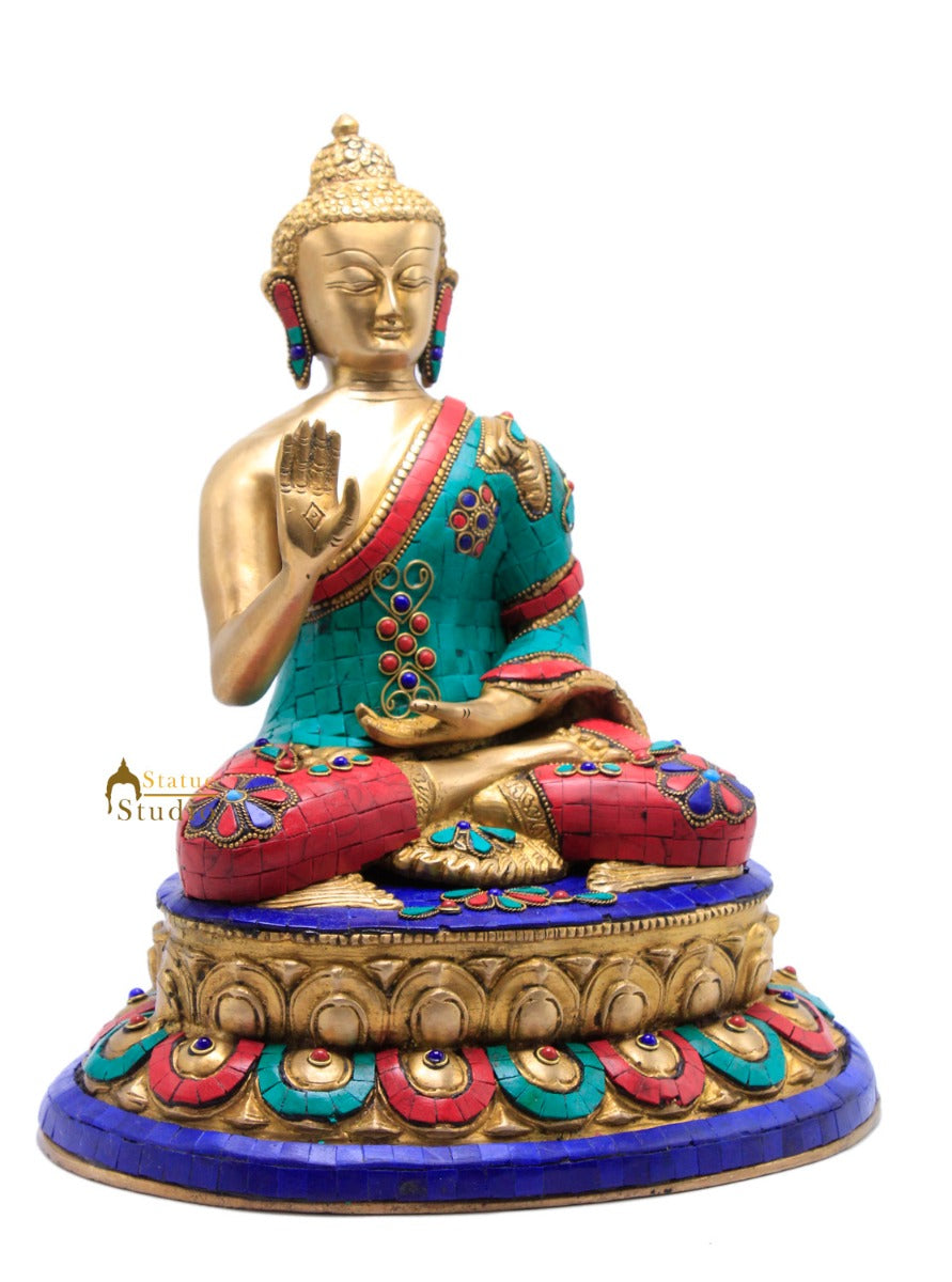 Abhaya Mudra Blessing Buddha Fine Turquoise Coral Inlay Work Décor Statue 13"