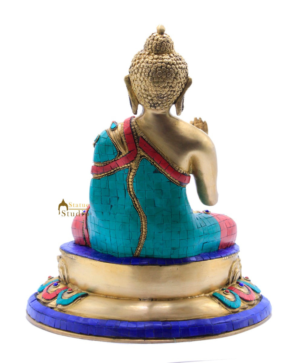 Abhaya Mudra Blessing Buddha Fine Turquoise Coral Inlay Work Décor Statue 13" - Image 4