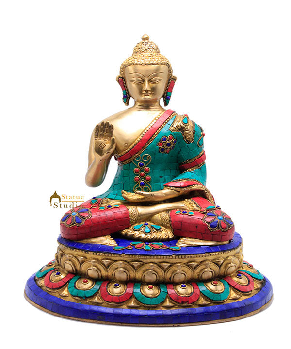 Abhaya Mudra Blessing Buddha Fine Turquoise Coral Inlay Work Décor Statue 13" - Eco-friendly - Sama Homes
