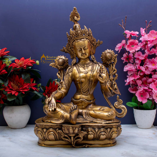 Brass Vintage Sitting Green Tara Idol For Home Decor Showpiece 1.5 Feet