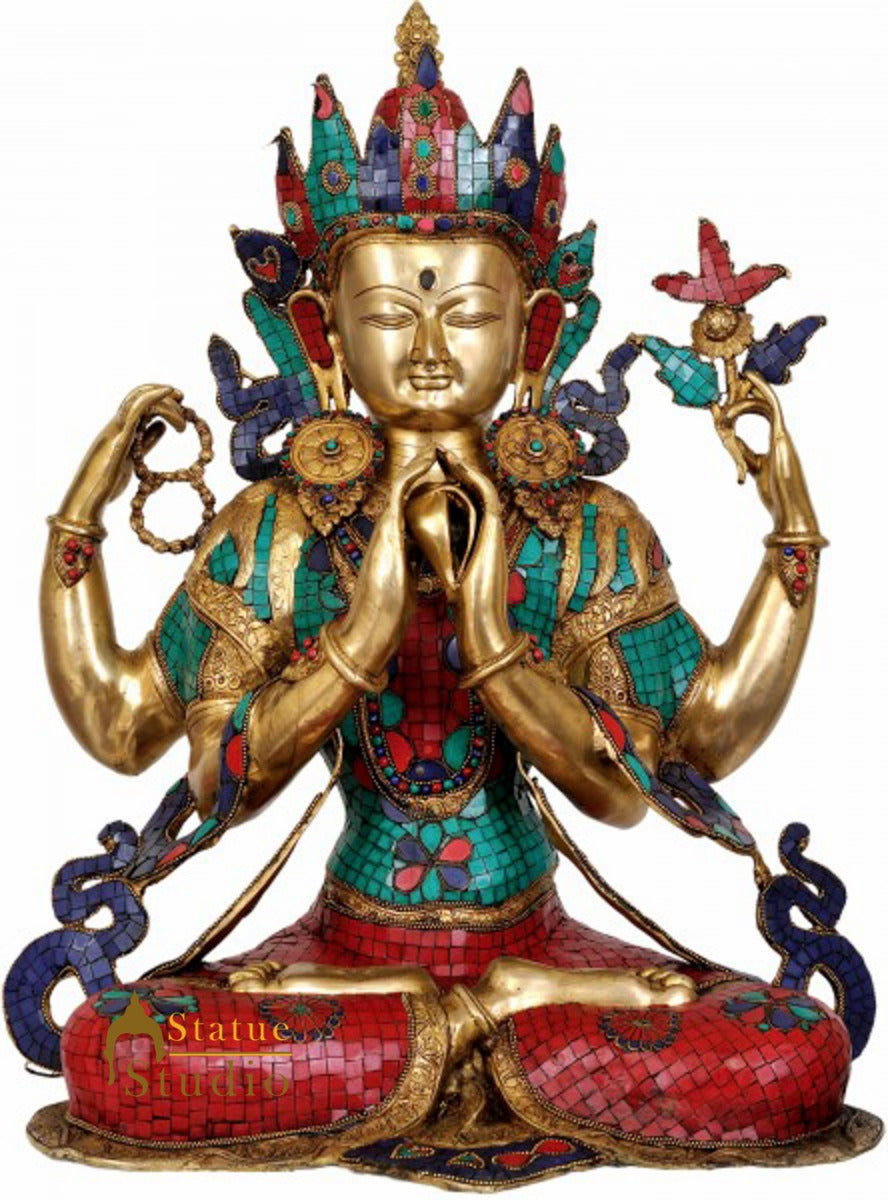 Large Size Shadakshari Lokeshvara Four Armed Avalokiteshvara Décor Statue 31"