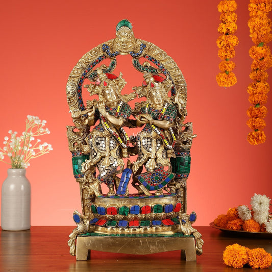 Sama Homes-17 5 inch brass radha krishna idol pair with peacock adorned base