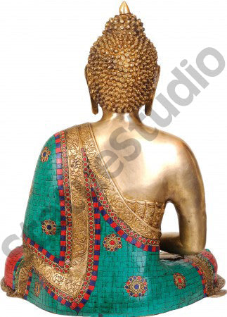 Turquoise Coral Inlay Work Meditating Buddha Large Size Fine Décor Statue 2 Feet - Image 3