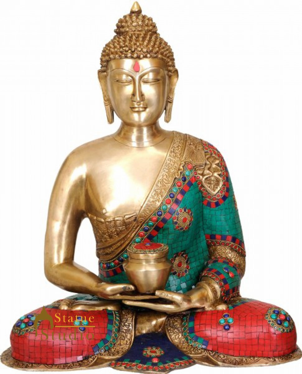 Turquoise Coral Inlay Work Meditating Buddha Large Size Fine Décor Statue 2 Feet - Image 2