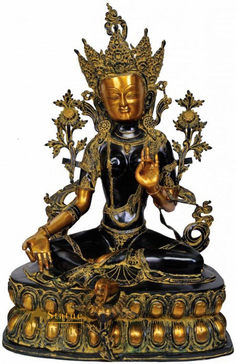 Antique Black Finish Handcrafted Buddha Goddess Green Tara Large Statue 34" - Image 2