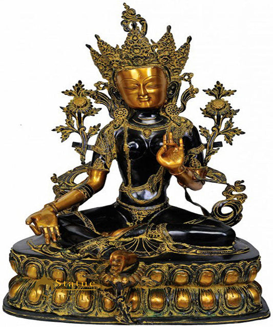 Antique Black Finish Handcrafted Buddha Goddess Green Tara Large Statue 34"