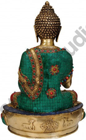 Brass Buddhist Deity Blessing Buddha Sitting On Base Inlay Work 18" - Image 4